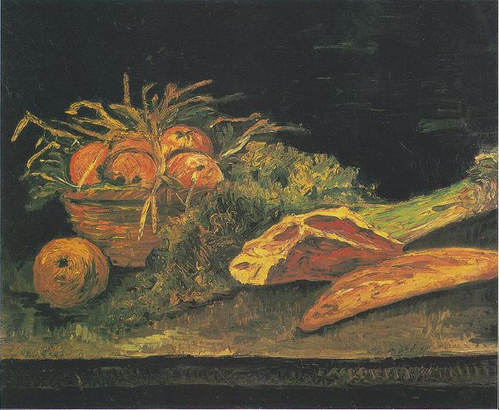 Vincent Van Gogh Still life with apple basket, meat and bread rolls